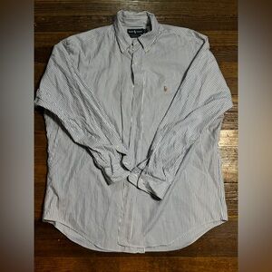 Ralph Lauren Shirt Mens 17-35 Blue Stripe Button Cotton Long Sleeve Yarmouth